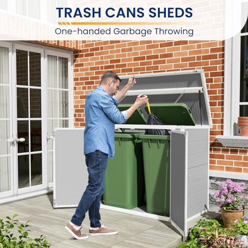 Amopatio 41 Cu Ft Outdoor Storage Shed, Horizontal Resin Trash Can Storage, Weather Resistance, Storage Box with Floor Included for Garden Tools, Lawn Mowers, Garbage Cans, Patio Use, Sandstone