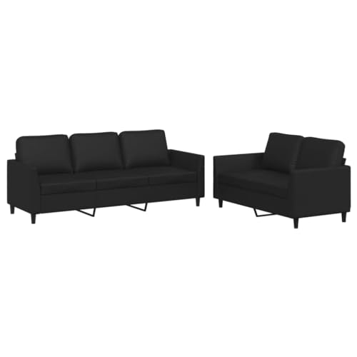 vidaXL 2 Piece Sofa Set in Black Faux Leather - Modern Living Room Furniture with Stable Metal Frame and Comfortable Cushions