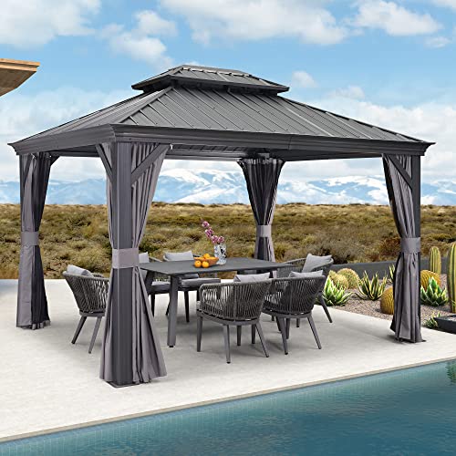 PURPLE LEAF 10' X 14' Permanent Hardtop Gazebo Aluminum Gazebo with Galvanized Steel Double Roof for Patio Lawn and Garden, Curtains and Netting Included, Grey