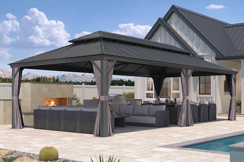 PURPLE LEAF 10' X 14' Permanent Hardtop Gazebo Aluminum Gazebo with Galvanized Steel Double Roof for Patio Lawn and Garden, Curtains and Netting Included, Grey