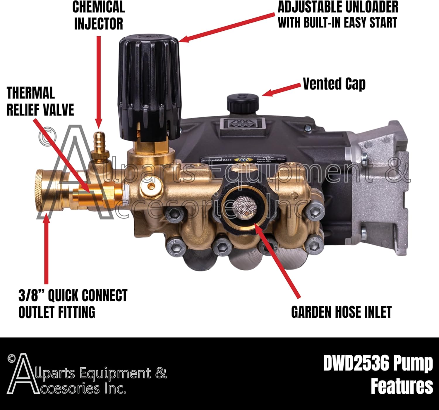 DWD2536 AAA Horizontal Triplex Plunger Replacement Pressure Washer Pump Kit 3600 PSI, 2.5 GPM, 3./4" Shaft, with 3/8 Quick Connect Fitting, Includes Mounting Hardware, Chemical Siphon Tube with Filter