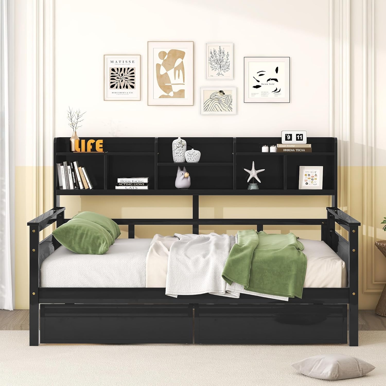 Full Size Wood Daybed with 2 Storage Drawers and Bedside Shelves, Sofa Bed Frame for Livingroom, Bedroom, Espresso