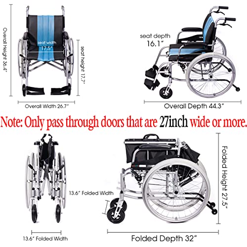 Lightweight Wheelchair 21lbs Self-propelled Chair with Travel Bag and Cushion, Portable 17.5” W Seat, Brake, Anti-Tipper, Swing-Away Footrests, 220lbs Weight Capacity, Blue (Pack of 1)