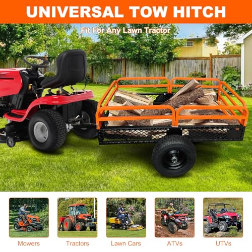 Heavy Duty Steel Dump Cart & Utility Trailer 1600LB Capacity ATV/Lawn Tractor Hauler with Dual Dumping Modes (Manual/Foot Pedal), All-Terrain Tires & Dual Bearings for Garden, Farm, Firewood