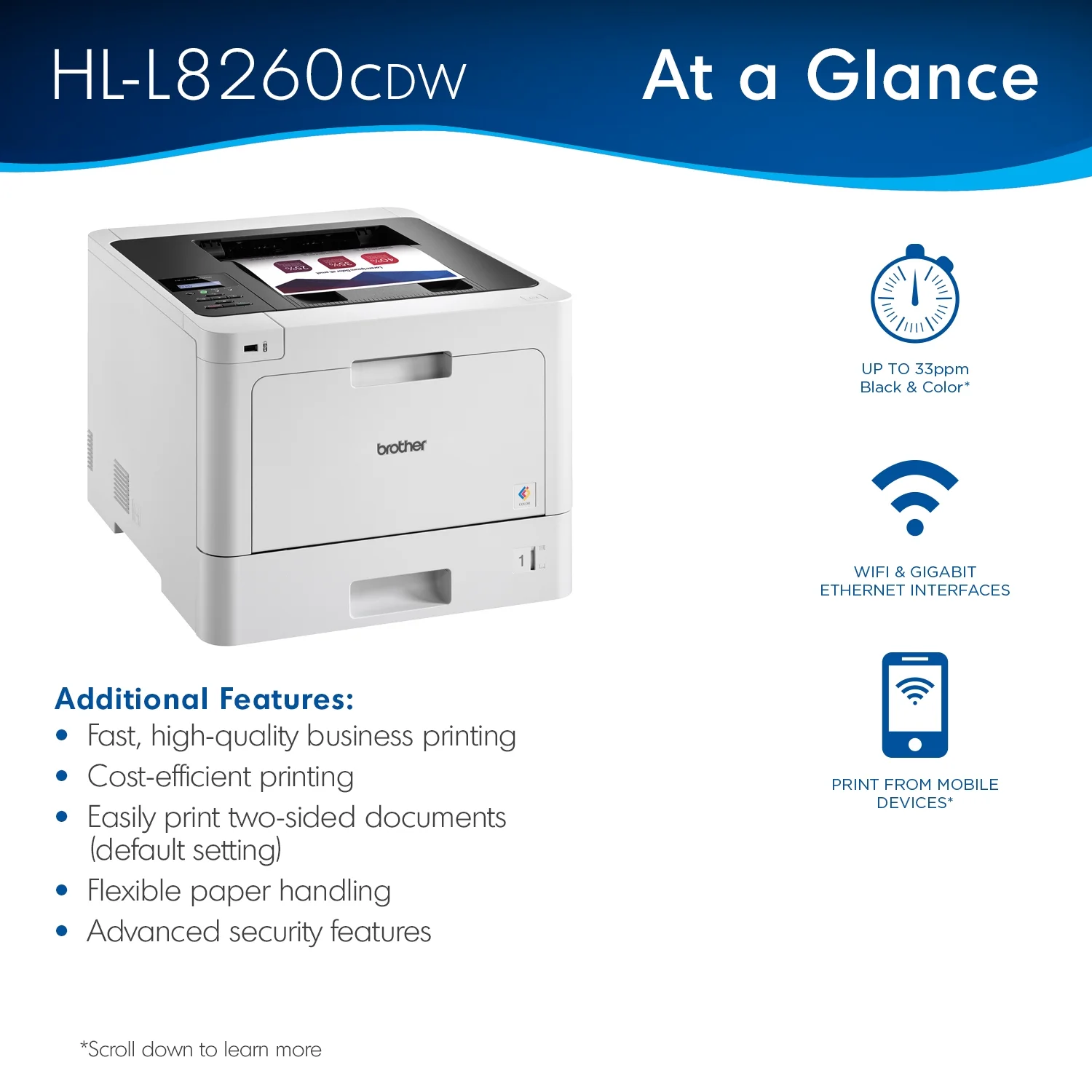 Brother HL-L8260CDW Business Color Laser Printer, Duplex Printing, Flexible Wireless Networking, Mobile Device Printing, Advanced Security Features
