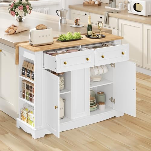 Kitchen Island with Storage, Kitchen Cart with Drop Leaf Countertop, Island Table with Open Spice Rack, 2 Drawers & Pull-Out Slim Bar Cart, White