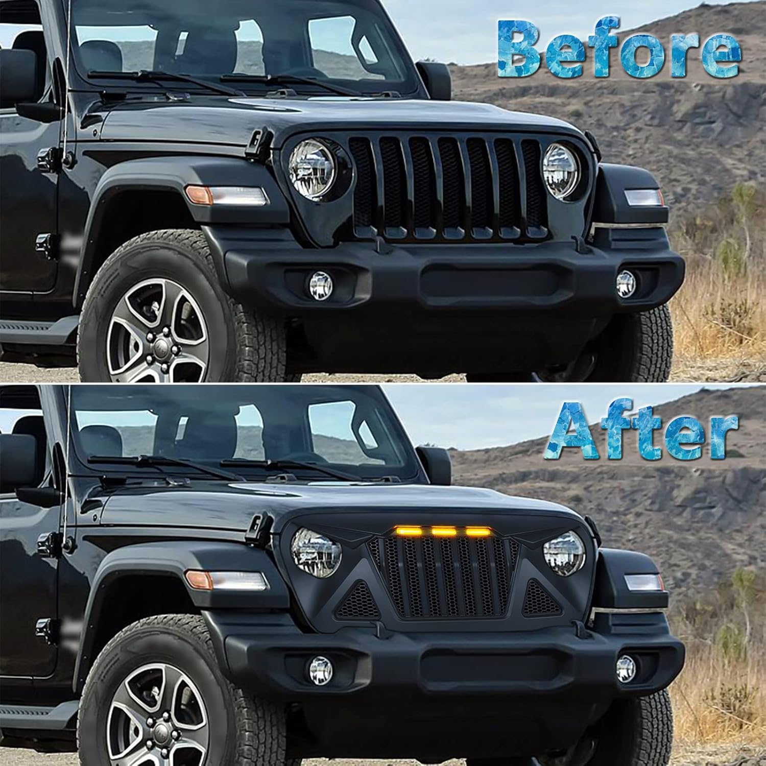 Front Grill for 2018-2022 2023 Jeep Wrangler JL JLU Gladiator JT Grille Aftermarket Front Grille with Amber LED Grills Lights fit 2020 2021 2022 2023 Jeep Gladiator JT Grille Accessories