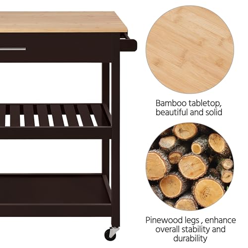 Yaheetech Kitchen Island Cart on Wheels with Bamboo Tabletop, 3-Tier Rolling Kitchen Island Microwave Cart with Drawer, Detachable Towel, 3 Hooks, 17" D x 37.5" W, White