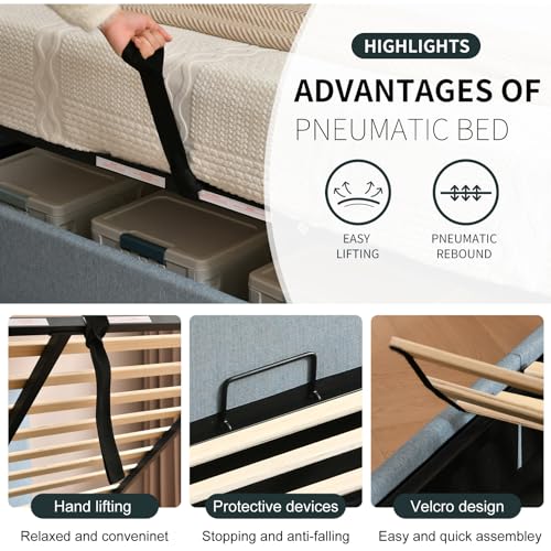 Hydraulic Lift Storage Bed, Queen Upholstered Bed Frame with Linen Headboard, Ample Storage Space, Wooden Slat Support, No Box Spring Required (Beige, Full)