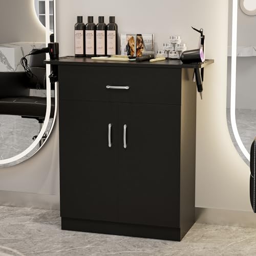 Wall Mount Salon Storage Station Barber Cabinet with Drawer and 2 doors, Hair Stylist Station with 6 Hair Dryer Holders, Beauty Styling Station Organizer Equipment(Black)