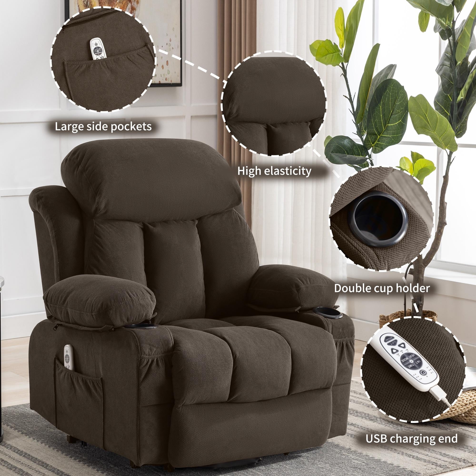 Power Lift Recliner Chair, BTMWAY PU Leather Electric Recliner Chair for Elderly with Massage | Heating | Remote Control | USB Port, Power Lift Recliner for Home Use, 22in Seating Wide, Brown