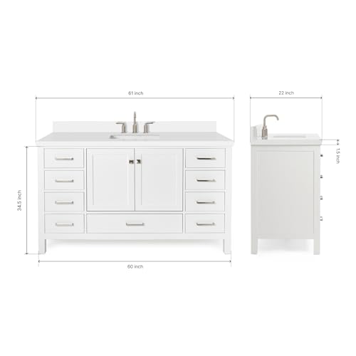 ARIEL 61" White Bathroom Vanity with 1.5" Edge Italian Carrara Marble Countertop & Backsplash, Center Rectangular Sink, 2 Soft Closing Doors, 9 Full Extension Dovetail Drawers, Brushed Nickel