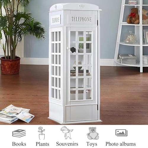 Telephone Booth 5-Tier Wooden Bookcase Freestanding CD Storage Cabinet Living Room Display Bookshelf with Front Door, 44.5" H x 14.4" W x 14.4" D (Off White)