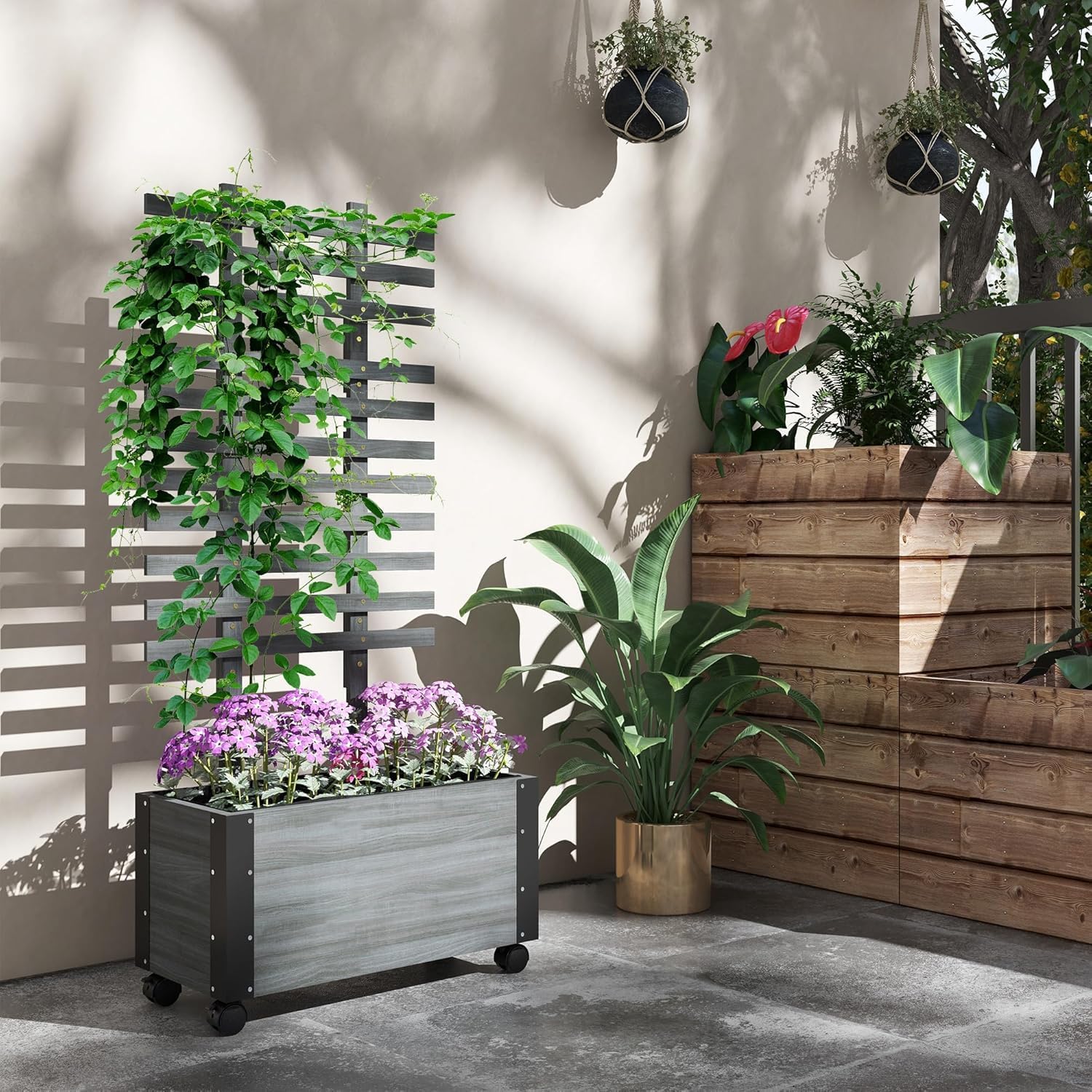 Raised Garden Bed with Trellis, 58" Outdoor Wooden Planter Box with Wheels, for Vine Plants Flowers Climbing and Planting, Gray