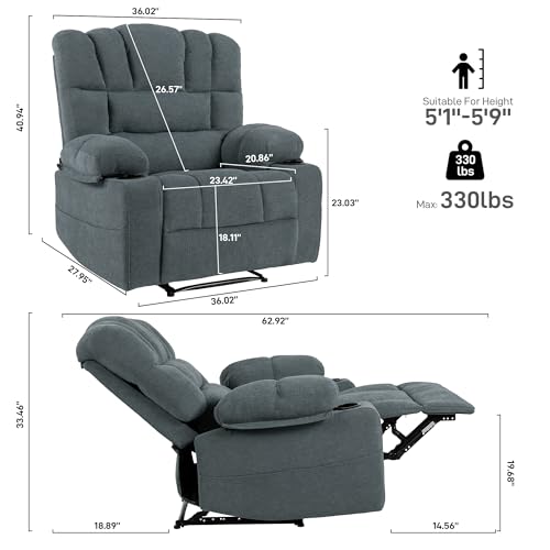 Oversized Recliner Chair for Adult, Plus Size 36.2" Extra Wide Seat Manual Chenille Recliner with Pockets, Ergonomic Massage Heated for Living Room Bedroom Home Threater Office Lounge (Grey)