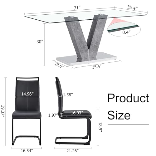 71" Glass Dining Table Set for 6 People, 7-Piece Table Set, Kitchen Table and 6 PU Leather Chairs, Dining Table Set Ideal for Living Room Office(Grey Table+White S Chairs,1 Table+6 Chairs)