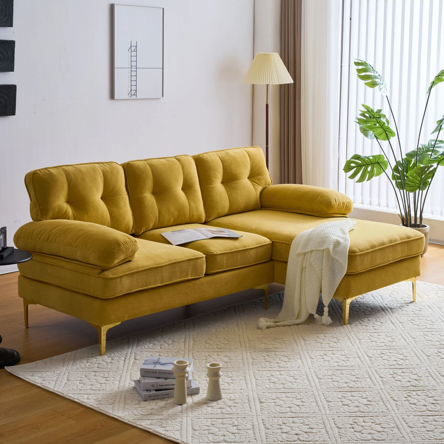 Churanty Modern 3 Seater Sectional Sofa with Chaise,Velvet L Shape Sofa Couch with Gold Legs for Living Room Bedroom,Yellow