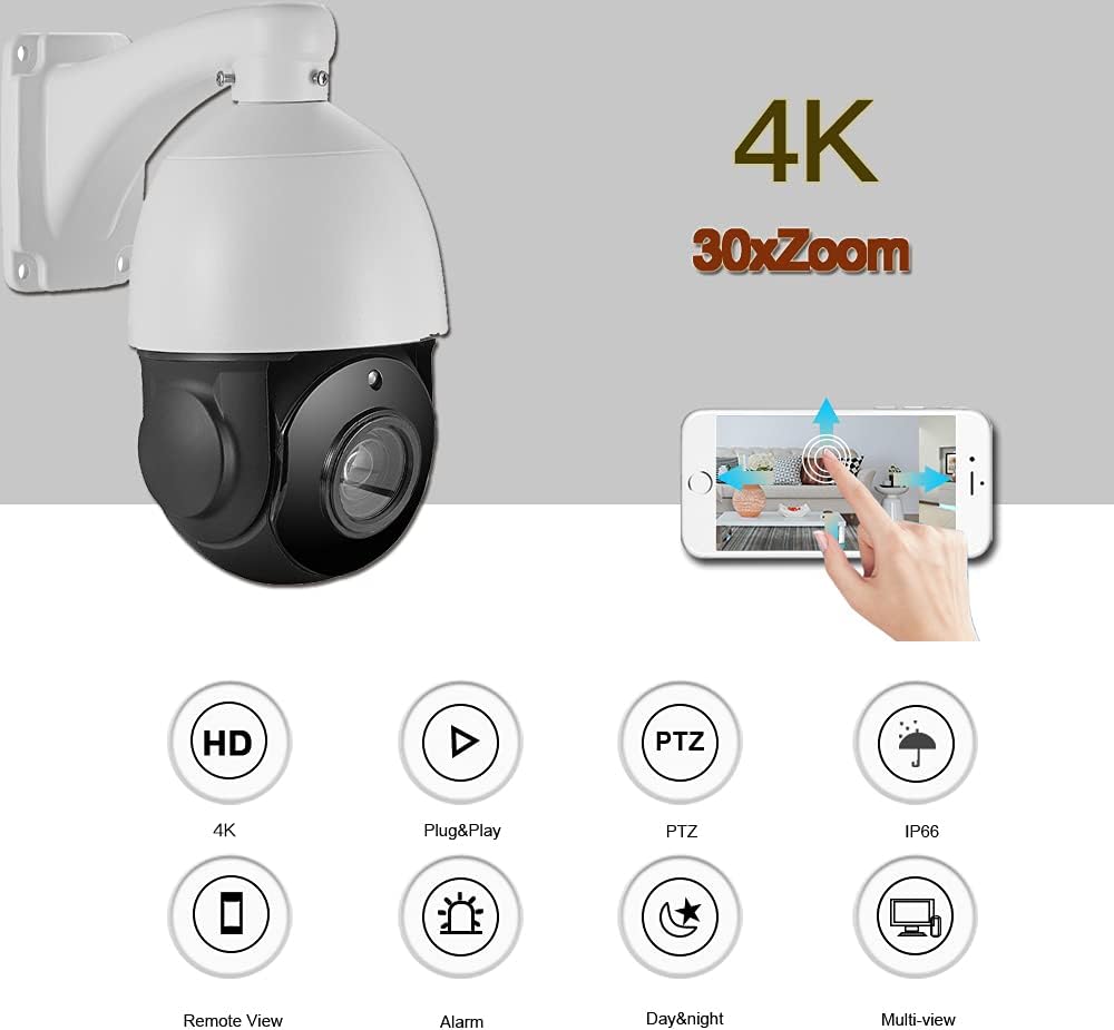 4K Outdoor PTZ IP POE 8MP Security IP Camera Pan Tilt 30xOptical Zoom Speed Dome 300FT IR Night Vision Motion Detection Remote View Two-Way Audio