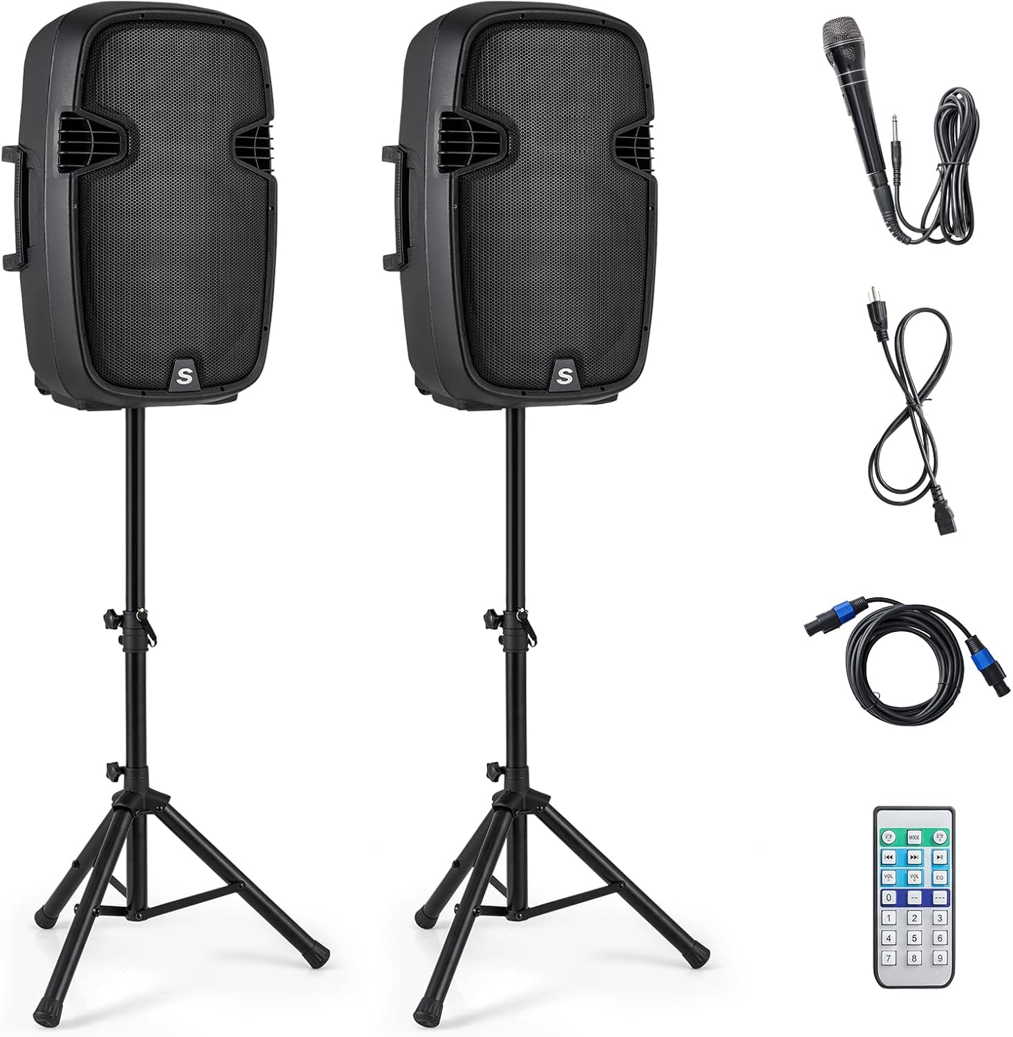 GOFLAME Portable 15" PA Speaker System Set, 3000W 2-Way Loudspeaker with Active + Passive Speaker, High Powered DJ Speaker with Bluetooth, USB/SD Card Reader, Stands, Microphone, Remote Control