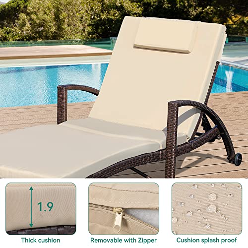 YITAHOME Outdoor Chaise Lounge Chair, PE Rattan Wicker Patio Pool Loungers with 5-Position Adjustable Backrest, Armrests, Cushion, Pillow, and Wheels for Poolside Porch Garden Beach (Brown)