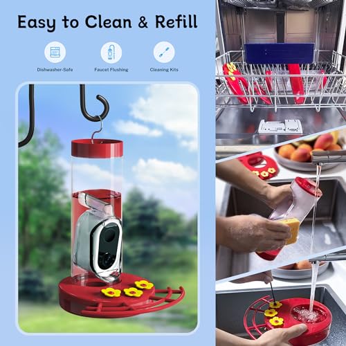 TT NATURE Smart Hummingbird Feeder with Camera Solar-Powered, AI Identify&Cloud Storage,Wireless App, Bee and Ant Defense,HD Video for Watching Birds Outdoors(20 Ounces)