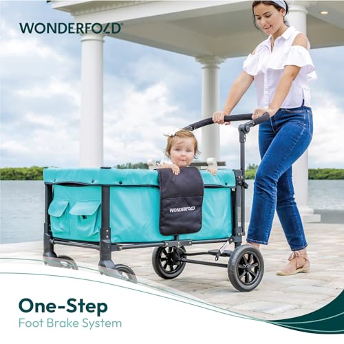 WONDERFOLD W1 Original Double Stroller Wagon (2 Seater) - Collapsible Wagon Stroller with Seats with 5-Point Harnesses, Adjustable Push Handle, and Sun Canopy, Teal Green