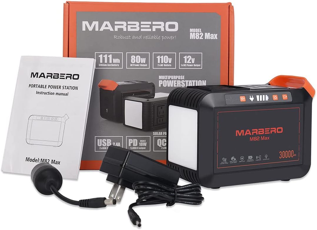 MARBERO 111Wh Portable Power Station 30000mAh Solar Generator(Solar Panel Not Included) Lithium Battery Supply 110V/80W AC, DC, USB QC3.0, USB C, LED Flashlight for CPAP House Office Camping Emergency
