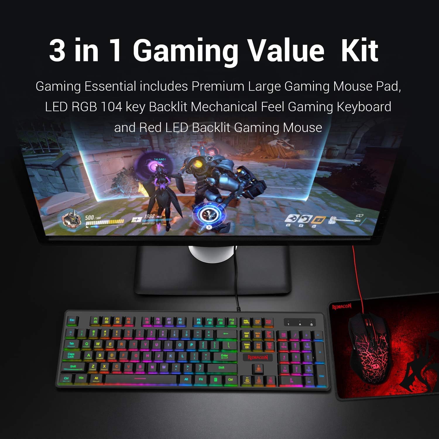 Redragon S107 Gaming Keyboard and Mouse Combo Large Mouse Pad Mechanical Feel RGB Backlit 3200 DPI Mouse for Windows PC (Keyboard Mouse Mousepad Set) Pack of 2