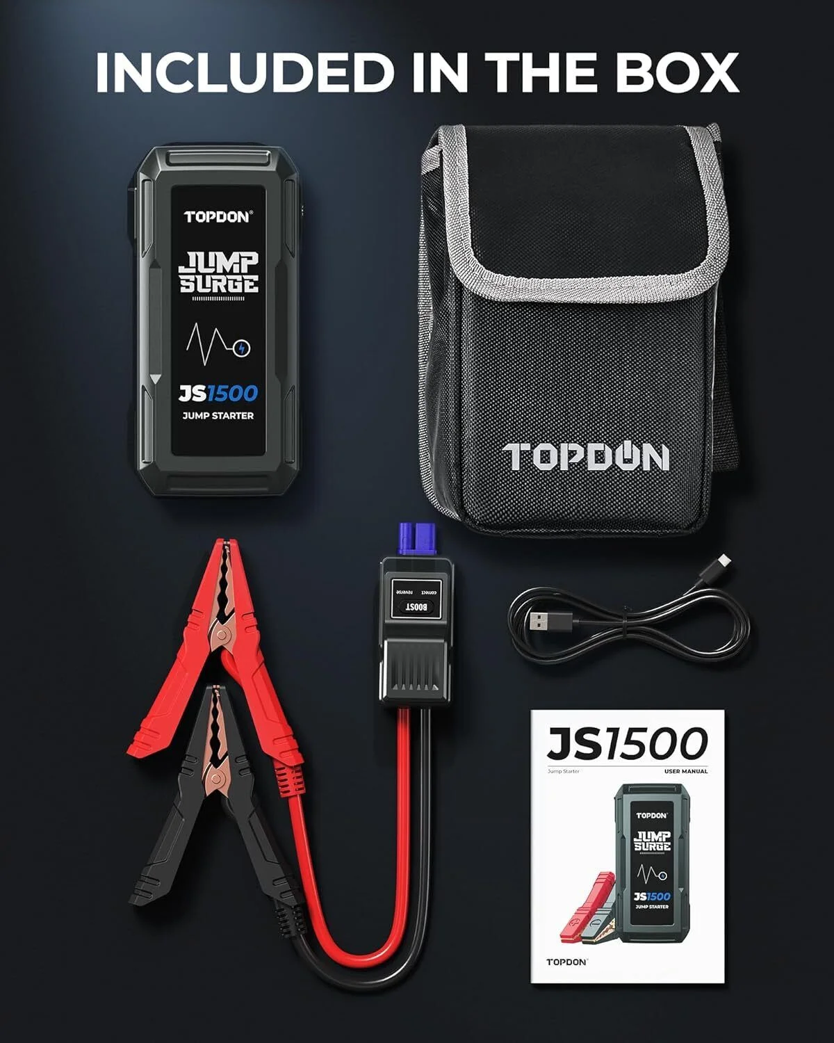 Jump Starter Car Battery Charger TOPDON JS1500 12V 1500A 10000mAh Lithium Battery Booster with Smart Clamp Cables for Up to 6.5L Gas, 4.0L Diesel