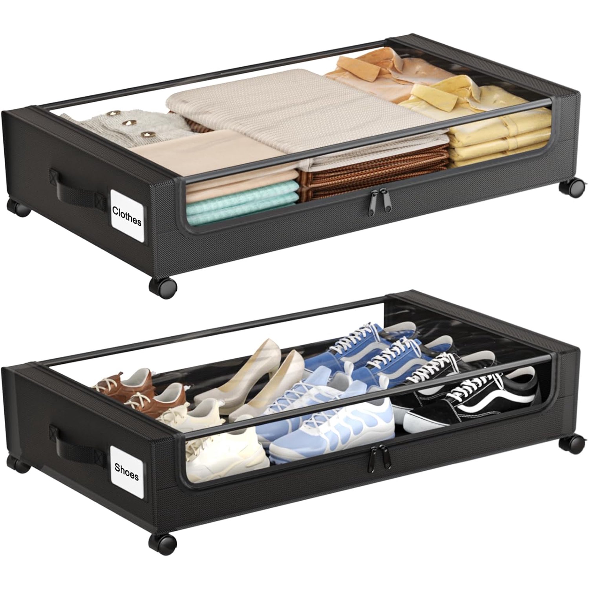 Under Bed Storage with Wheels, 4 Pack Under Bed Storage Containers with Clear Lids, XXL 60L Under-Bed Organizers for Clothes, Shoes – Durable Storage Bins with Smooth Rolling Wheels (White, 4 Pack)