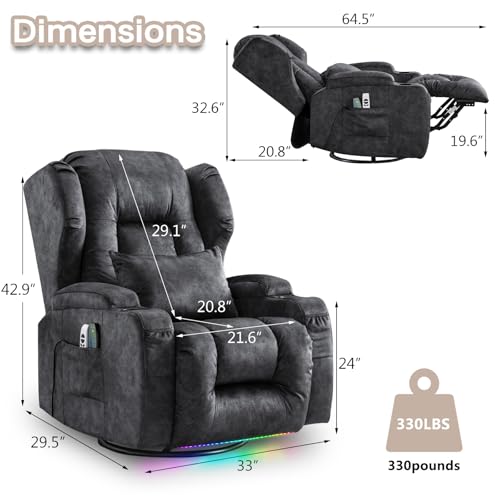 Power Recliner Chair, 270° Swivel Rocker Recliner Chair for Adult with Massage & Heat, Electric Swivel Glider Reclining Sofa Chair for Living Room with USB, Led Light, Lumbar Pillow (Grey)