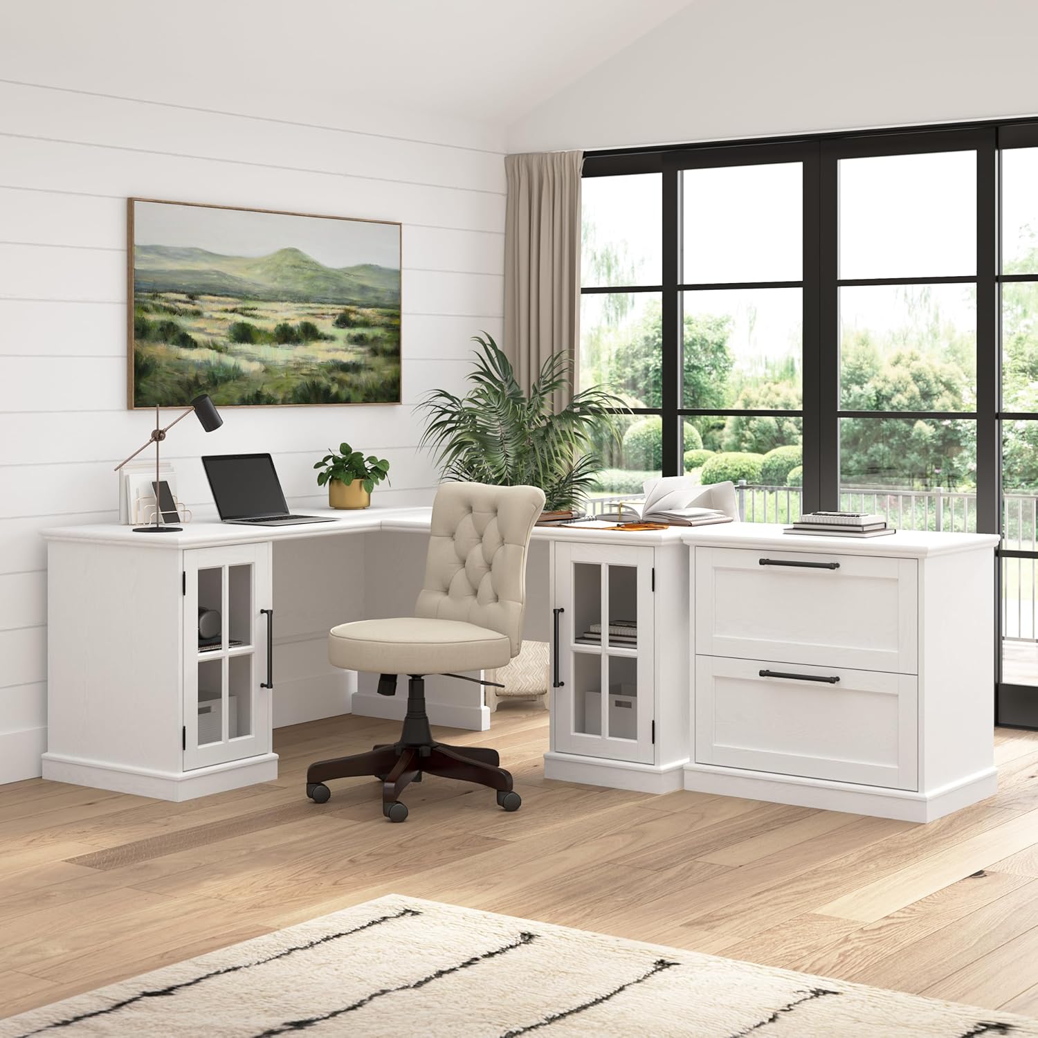 Bush Furniture Westbrook 60W Computer Desk with Hutch and Storage in White Ash | Farmhouse Desk for Home Office Workspace
