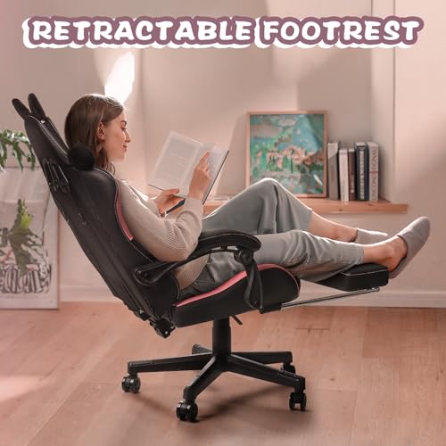 PUKAMI Pink Gaming Chair with Cat Ears and Cat Paw Cushion Pillow,Cute Computer Chair for Girl with Footrest,Ergonomic Gamer Chair, Kawaii Gaming Chair,Reclining Game Chair(Pink)