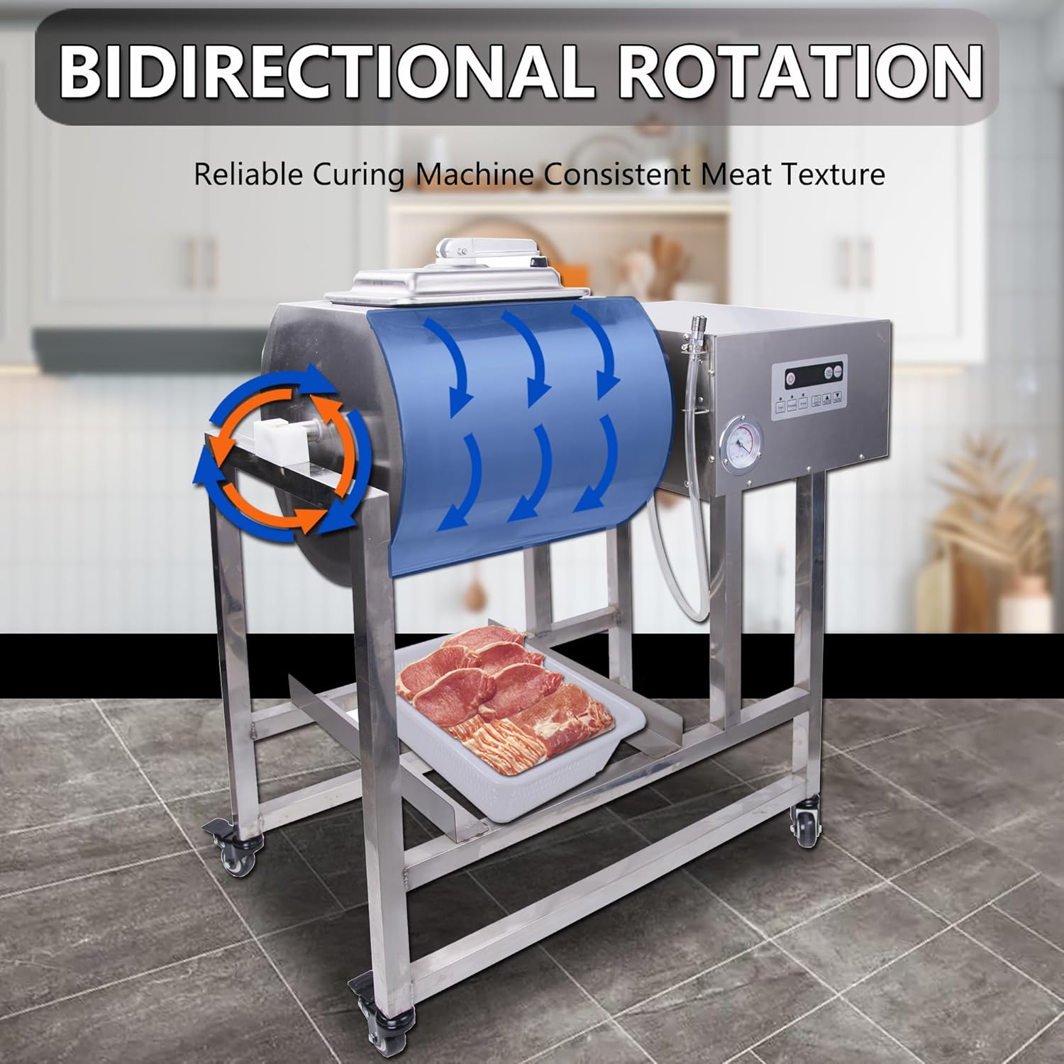 Hakka Commercial Meat Tumbler 90lb/45 liters - Vacuum Curing Machine for Jerky, Sausage, Bacon & More - Stainless Steel Food-Grade Tumbling Marinator w/Bidirectional Rotation & Speed Control