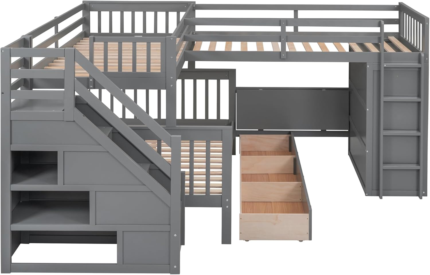 Triple Bunk Bed, Twin Over Twin Over Full Wooden Stairway Bunkbed with Portable Desk, Storage Drawers&Stairs and Wardrobe, Space-Saving Design for Bedroom, Apartment, Dorm, Gray