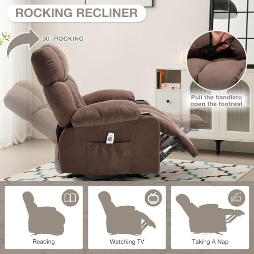 Massage Rocker Recliner Chair with Heat and Vibration Ergonomic Rocking Lounge Chair for Living Room Comfy Overstuffed Recliner with 4 Side Pockets,2 Cup Holders, USB Charge Port, Grey