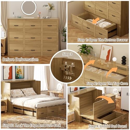 Full Size Murphy Bed Wood Wall Bed Cabinet with Large Drawer Space-Saving Hidden Foldable Platform Bed Chest Mobile Cabinet Bed Frame Storage Cabinet with USB Ports for Bedroom, Guest Room,Natural