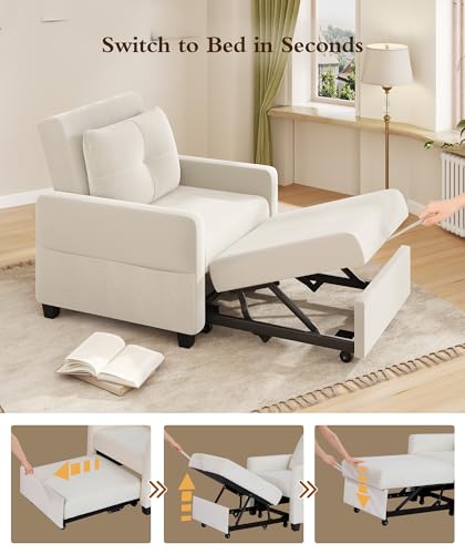 Sleeper Sofa Chair, 3 in 1 Convertible Sleeper Chair with Adjustable Backrest, 32" Pull Out Couch Bed 400lbs Support, Comfy Velvet Small Sofa Bed for Small Space with Pillow & 2 Pockets, Blue