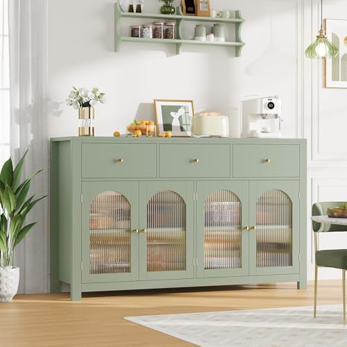 FINETONES Buffet Cabinet with Storage, 55.1" Large Sideboard Buffet Farmhouse Kitchen Cabinet with 3 Drawers and 4 Doors, Wood Coffee Bar for Kitchen, Black