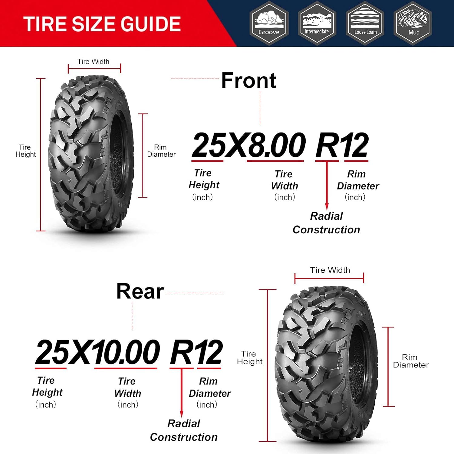 Set of 4 OBOR RIPLE ATV UTV Tires 25x8R12 Front & 25x10R12 Rear, 6PR Professional GNCC Racing Tires, 25x8-12 & 25x10-12 All-Terrain Radial Utility ATV Mud Off-Road Tires