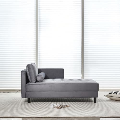 Velvet Chaise Lounge Chair, Modern Upholstered Velvet Chaise with Tufted Cushion, Sofa Recliner Lounge Chair with Adjustable Armrest and Pillows, Sleeper Chair for Living Room, Bedroom Office, Gray