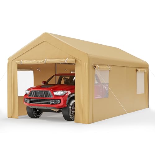 SUNCROWN Outdoor Carport, 10x20 FT Heavy Duty Portable Garage with 4 Roll-up Ventilated Windows, Removable Sidewalls and Doors, Car Canopy with All Weather Tarp for SUV, Boat, Party, Brown