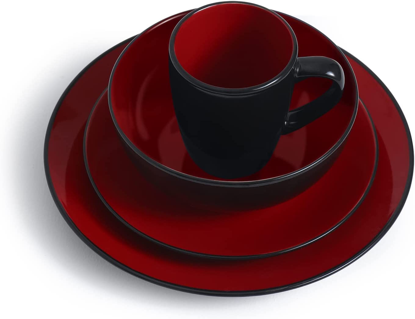 16 Piece Square Kitchen Dinnerware Set,Plates and Bowls sets,Dishes, Dinner Plates, Cereal Bowls Set，Bowls, Mugs, Dish Set，Plates and Bowls,Service for 4, Stoneware Dinnerware,Red and Black