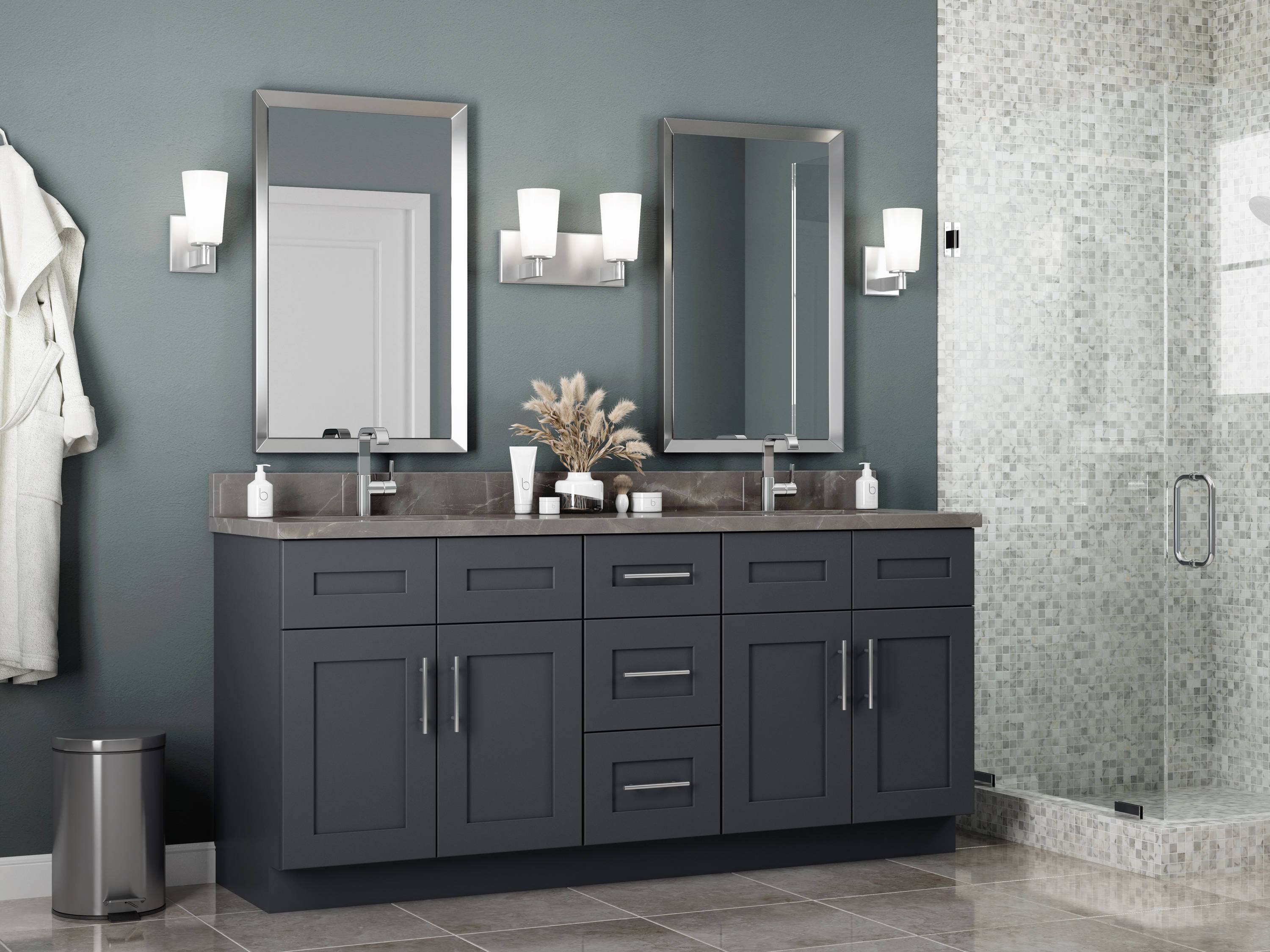 Home Decorators Collection Navarre Gray Painted Shaker Stock Assembled Plywood Wall Deep Bridge Kitchen Cabinet Soft Close Doors