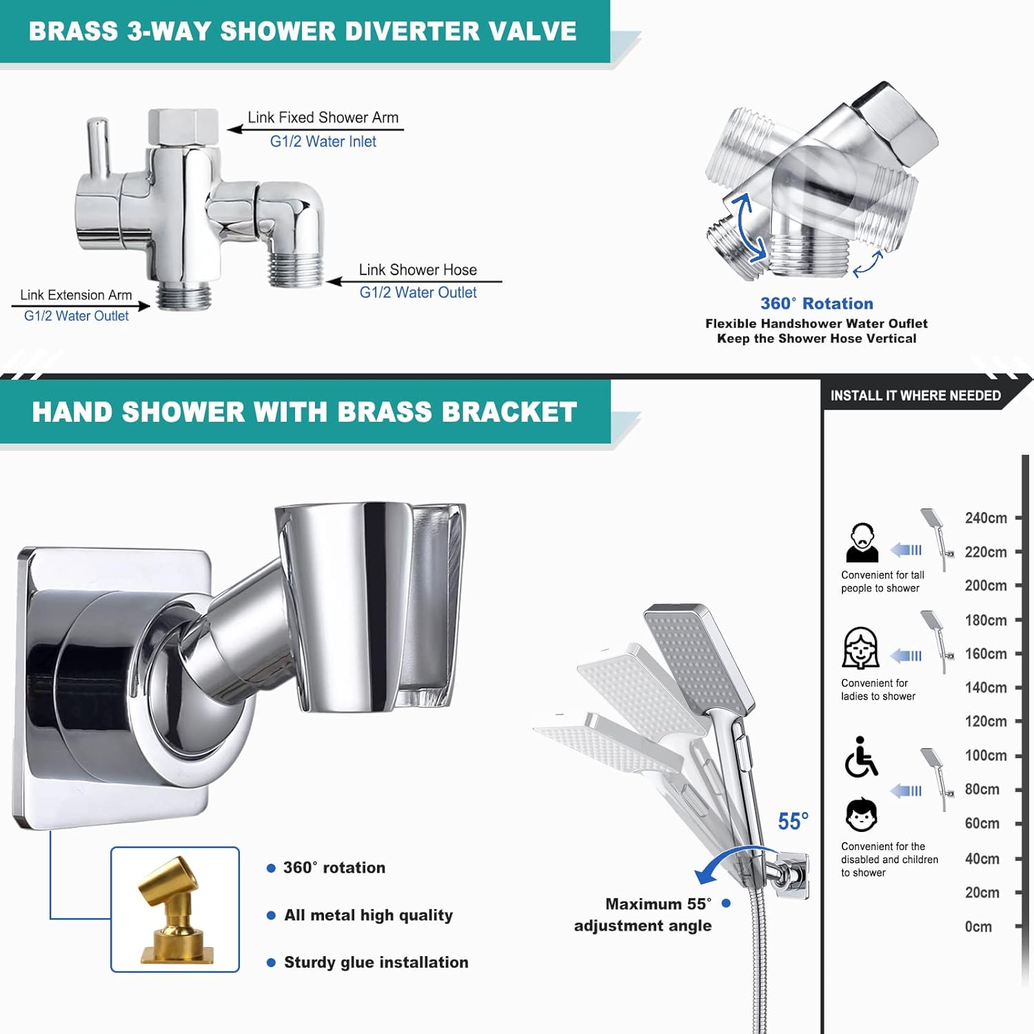 10" High Pressure Rainfall Shower Head with Handheld Combo, Upgrade 12" Extension Arm Height Adjustable, Powerful Stainless Steel Shower Head, Brass Shower Holder Extra Long Shower Hose, Chrome