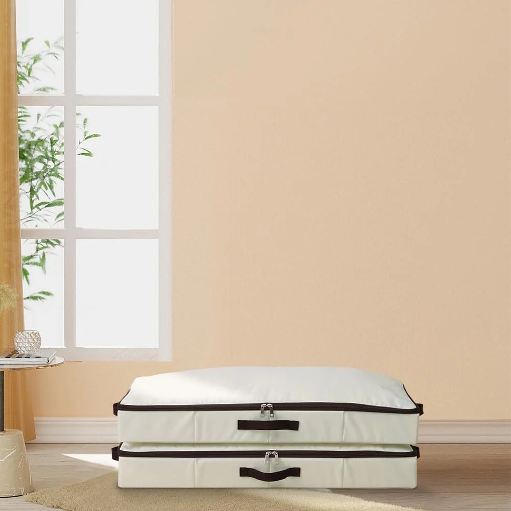 3 Pack 4inch Underbed Storage Bins, Under Bed Storage Containers with Zippers for Blanket, Pillows, Comforters &amp; Quilts, Beige