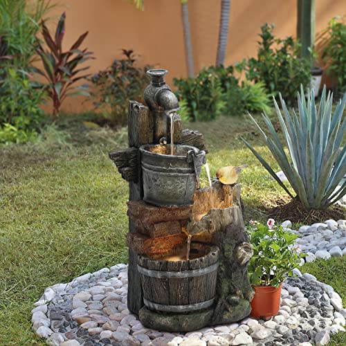 LuxenHome 22.4" Farmhouse Pump and Pots Resin Outdoor Fountain with LED Lights Outdoor and Indoor Water Fountain for Gardens, Landscaping, Patios, Balconies, and Lawns