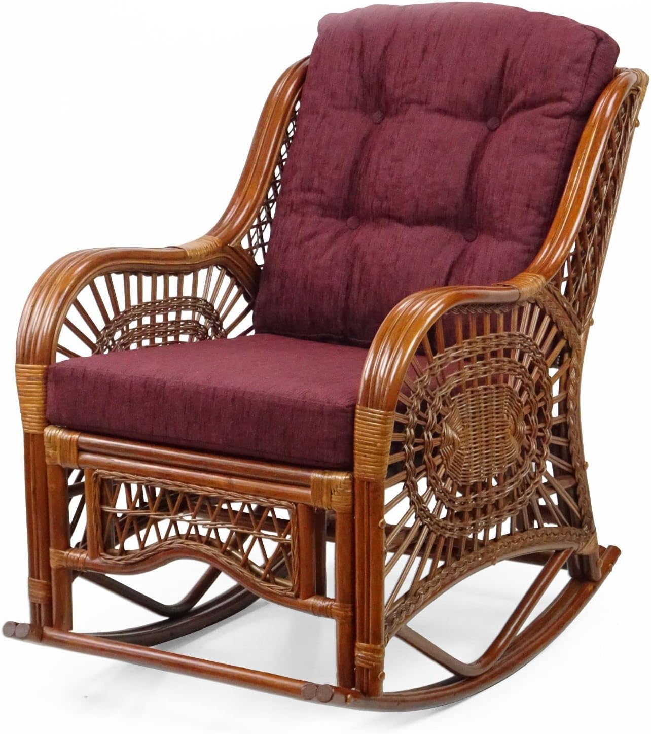 Wickerix Malibu Handmade Natural Rattan Living Room Set of 2 Rocking Lounge Chairs with Dark Brown Cushions and Round Coffee Table with Glass Colonial (Light Brown Color)