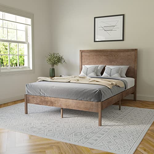 BizChair Solid Wood Platform Bed with Wooden Slats and Headboard, No Box Spring Needed, King Size, Dark Brown