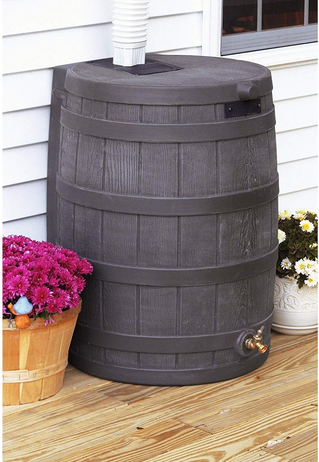 Good Ideas Rain Wizard 50 Gallon Plastic Outdoor Home Rain Barrel Water Storage Collector with Brass Spigot and Flat Back Design, Oak (5 Pack)